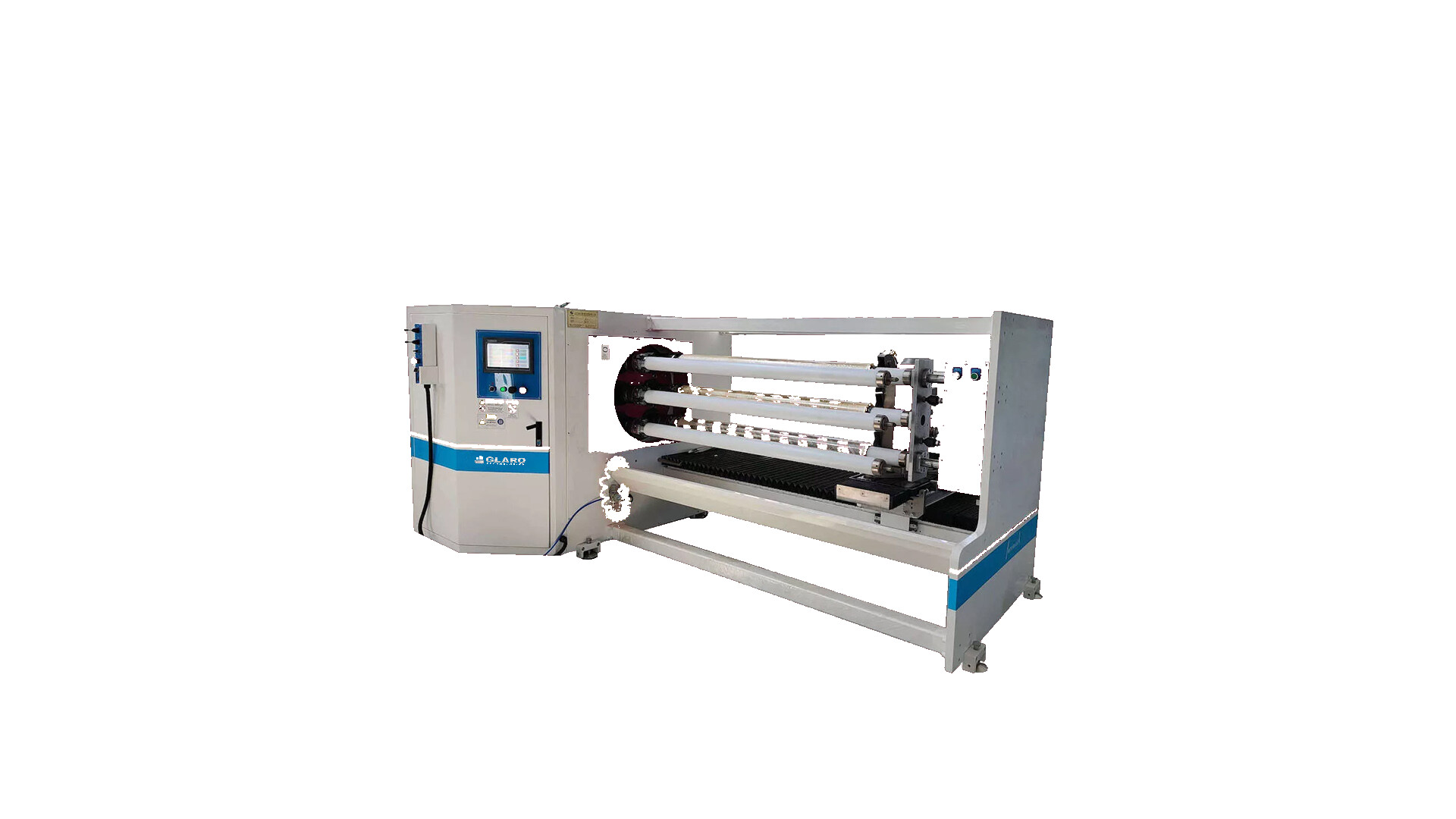 Slitting machine cutting wide rolls into narrow strips